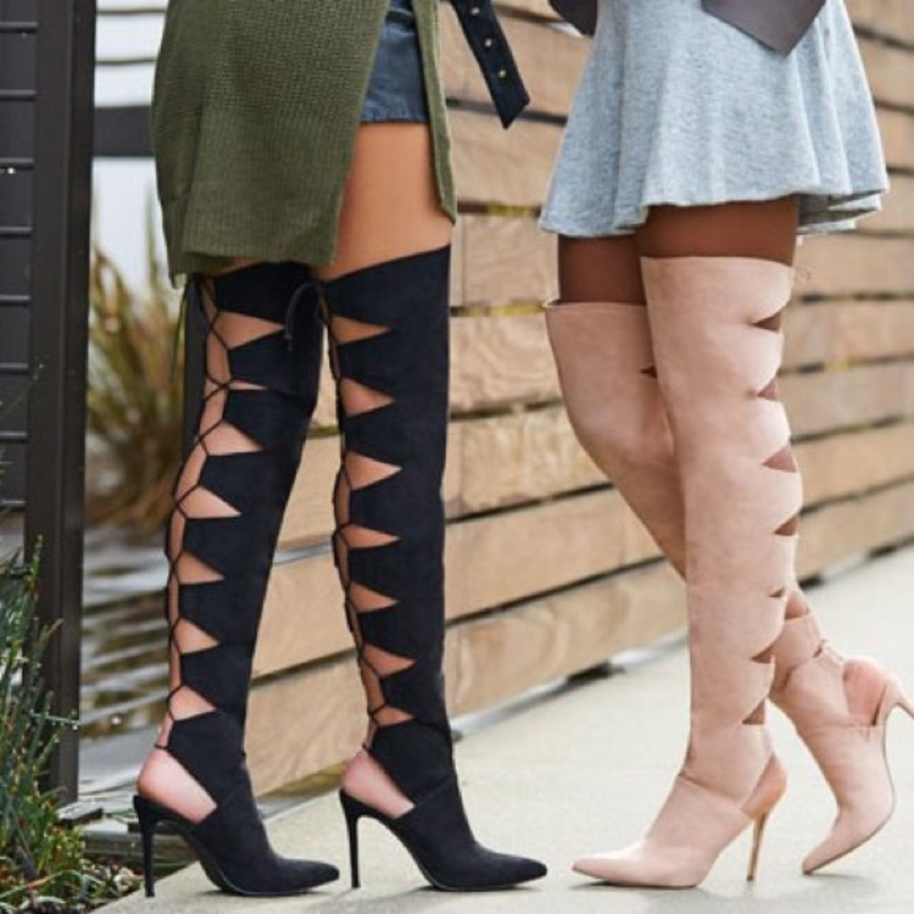 Cutout lace up Black Thigh High Tie Up Heels